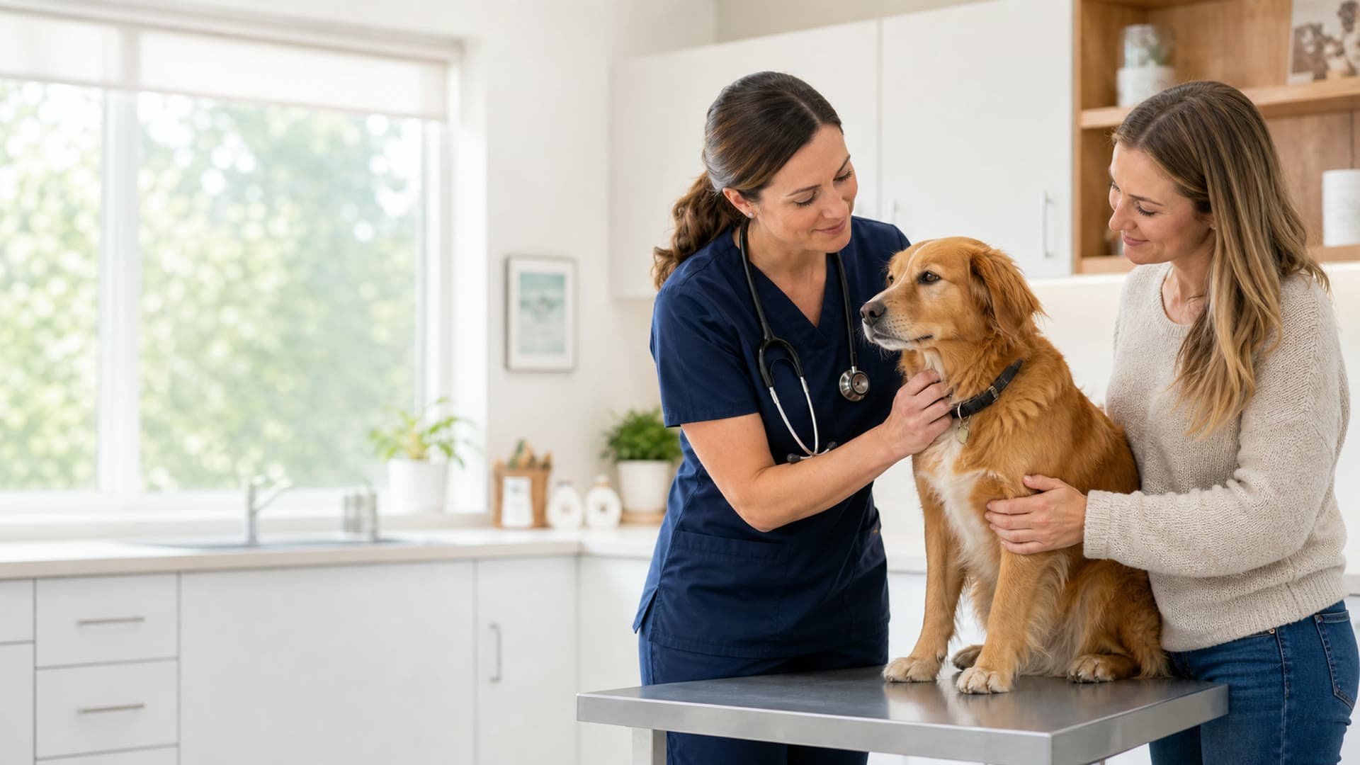 A veterinarian in navy scrubs examines a golden retriever while its owner comforts it